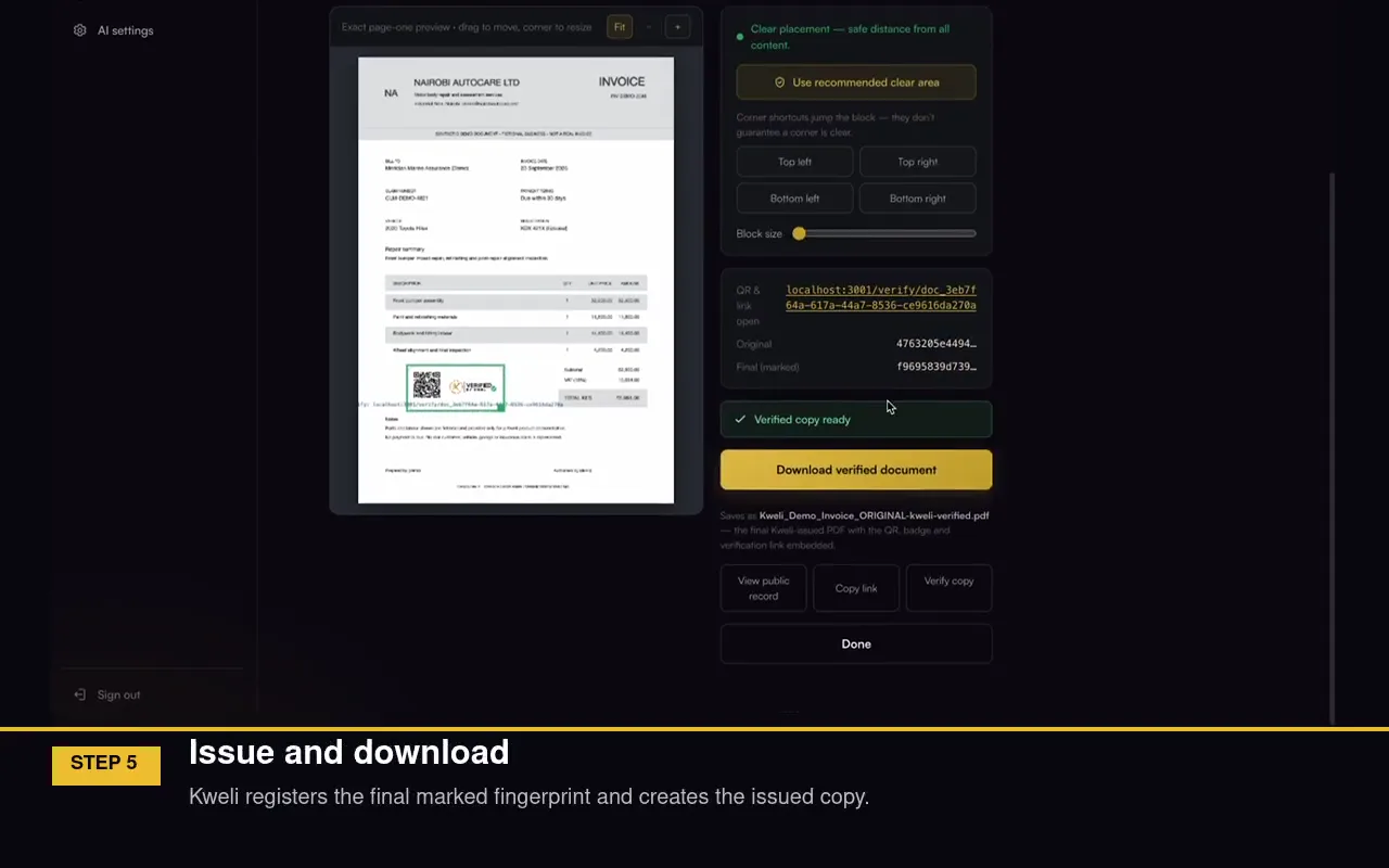 Actual Kweli portal showing a QR-marked invoice and the verified document download